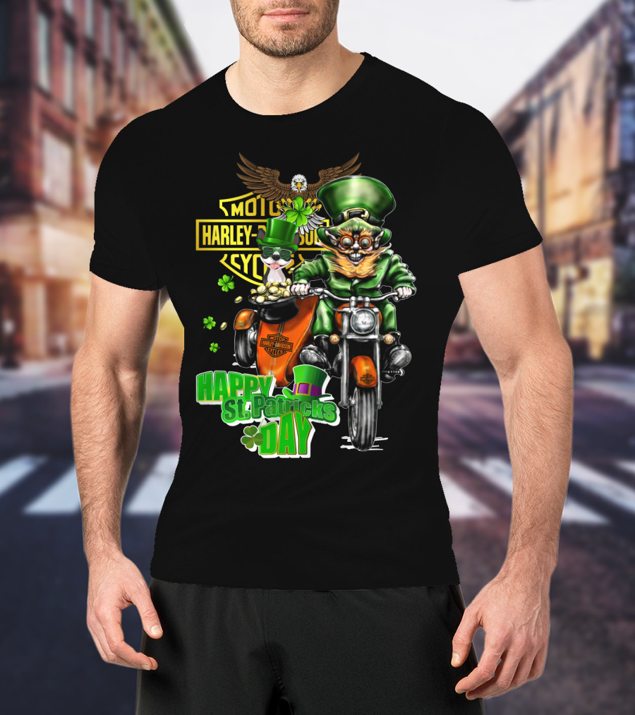 Harley Davidson St. Patrick's Day Boston Terrier Leprechaun Motorcycle T-Shirt