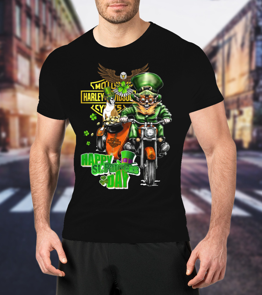 Happy St. Patricks Day Harley Davidson Motorcycles Cycle Riding Leprechaun And Boxer T-Shirt