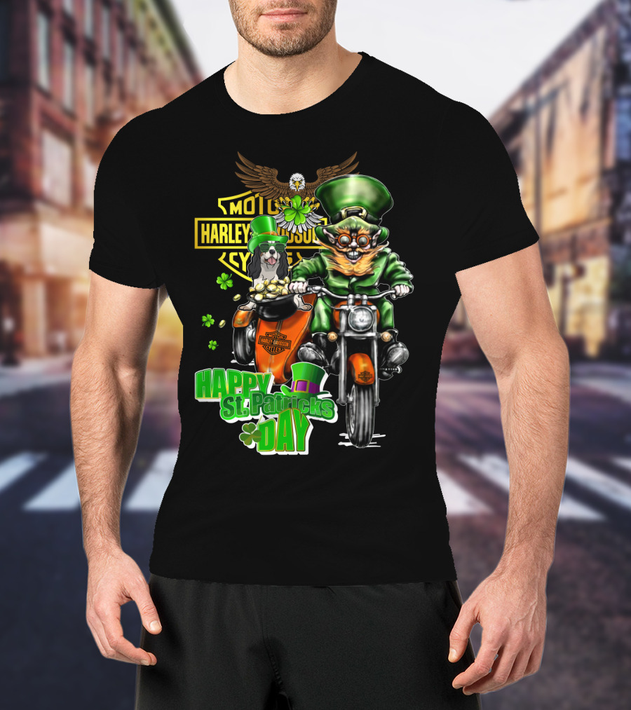 Harley Davidson Happy St. Patrick's Day Cavalier King Charles Spaniel Motorcycle Rider T-Shirt