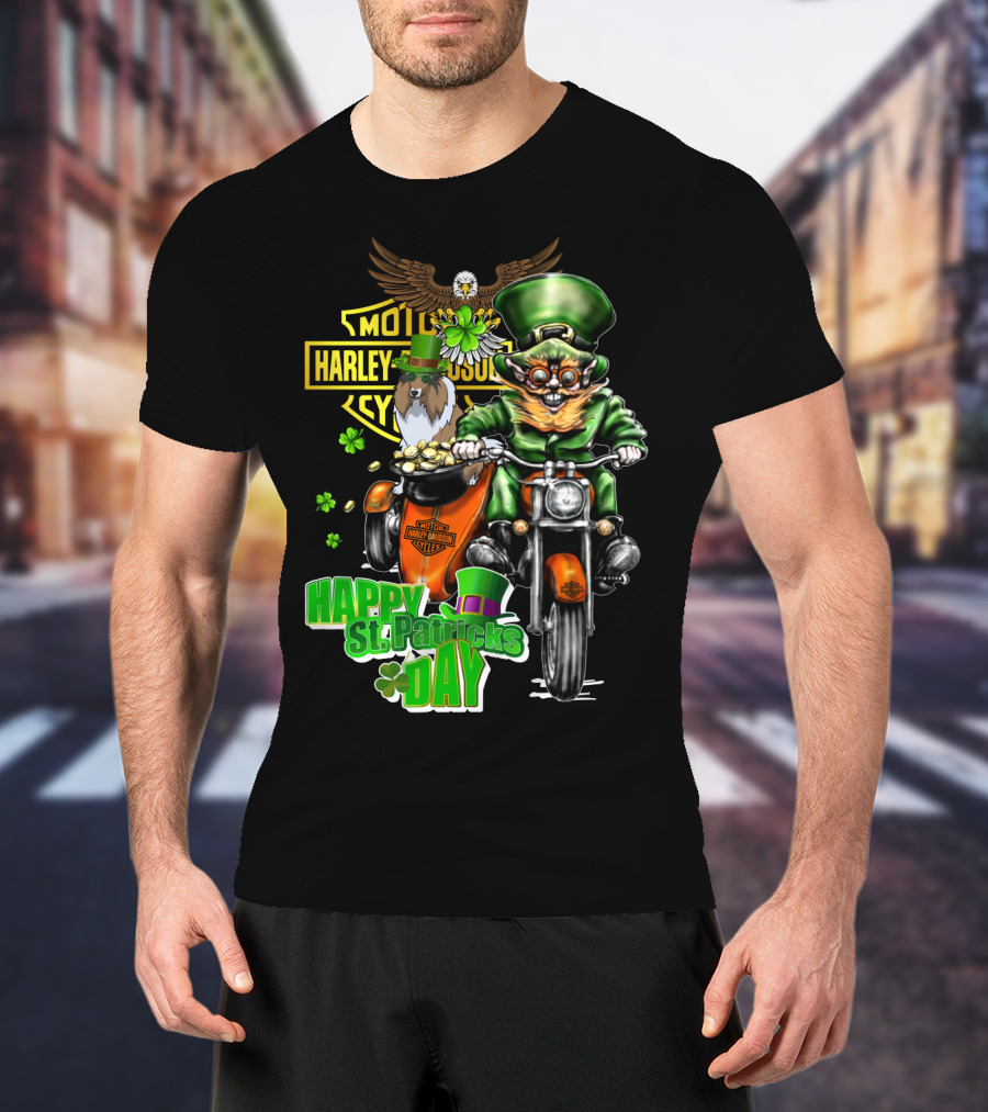 Happy St. Patrick's Day Harley Davidson Motorcycle Leprechaun Eagle T-Shirt