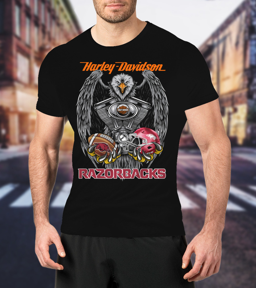 Harley Davidson Razorbacks Ncaa Football Helmet And Eagle Engine T-Shirt