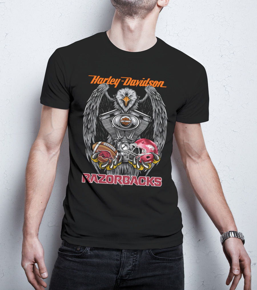 Harley Davidson Razorbacks Ncaa Football Helmet And Eagle Engine T-Shirt