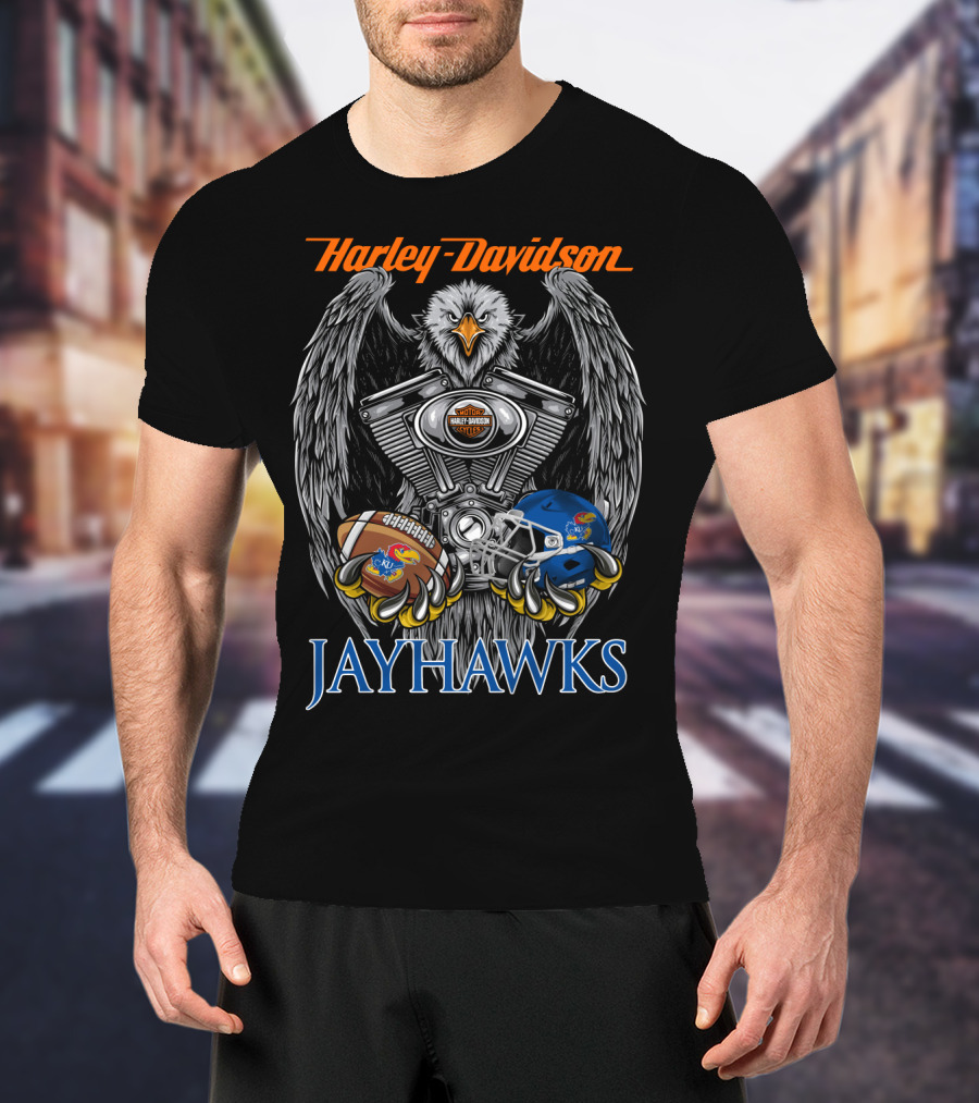Harley Davidson Jayhawks Kansas Football Helmet And Ball T-Shirt