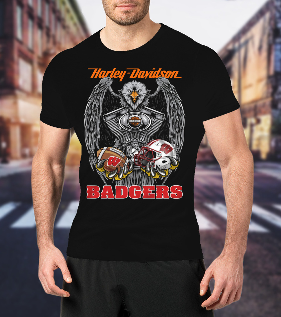 Harley Davidson Badgers Wisconsin Football Ncaa Eagle Engine T-Shirt