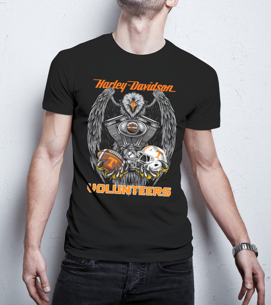 Harley Davidson Volunteers Ncaa Football Tennessee Helmet And Ball Eagle Engine T-Shirt
