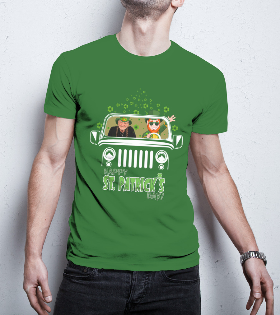 Happy St. Patrick's Day Willie Nelson 51 Jeep With Leprechaun And Clover Themes T-Shirt