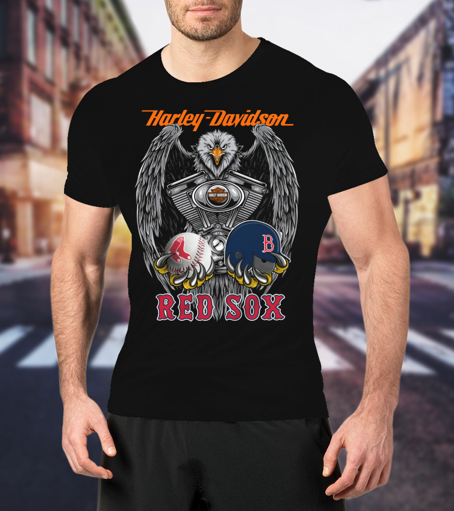 Harley Davidson Red Sox Baseball Eagle Engine T-Shirt