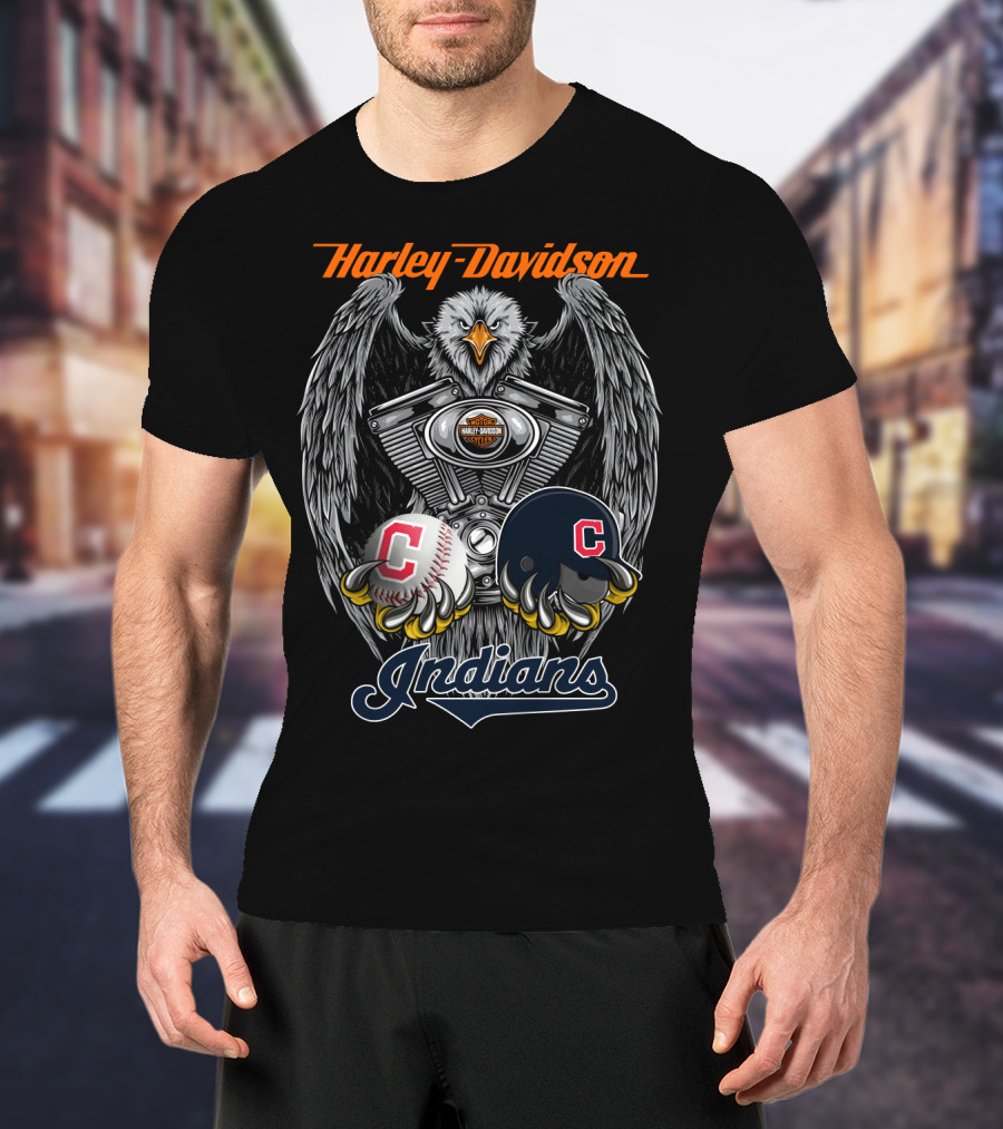 Harley Davidson Cleveland Indians Mlb Baseball Helmet And Engine Eagle T-Shirt