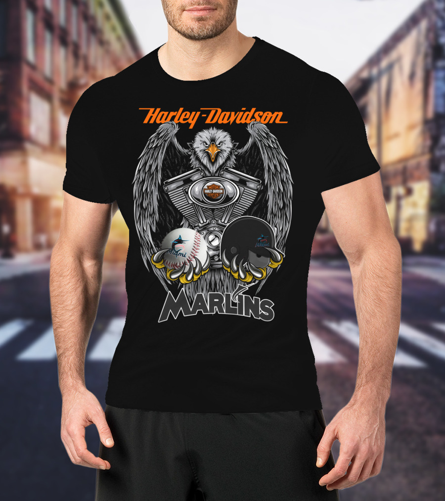 Harley Davidson Eagle Miami Marlins Baseball Helmet T-Shirt