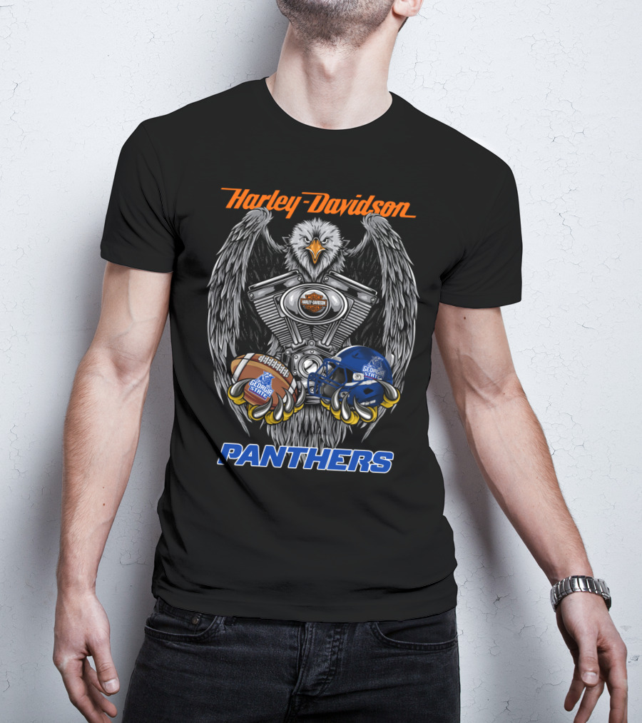 Harley Davidson Seattle Motorcycles Georgia State Panthers Football Helmet And Eagle Engine Art T-Shirt