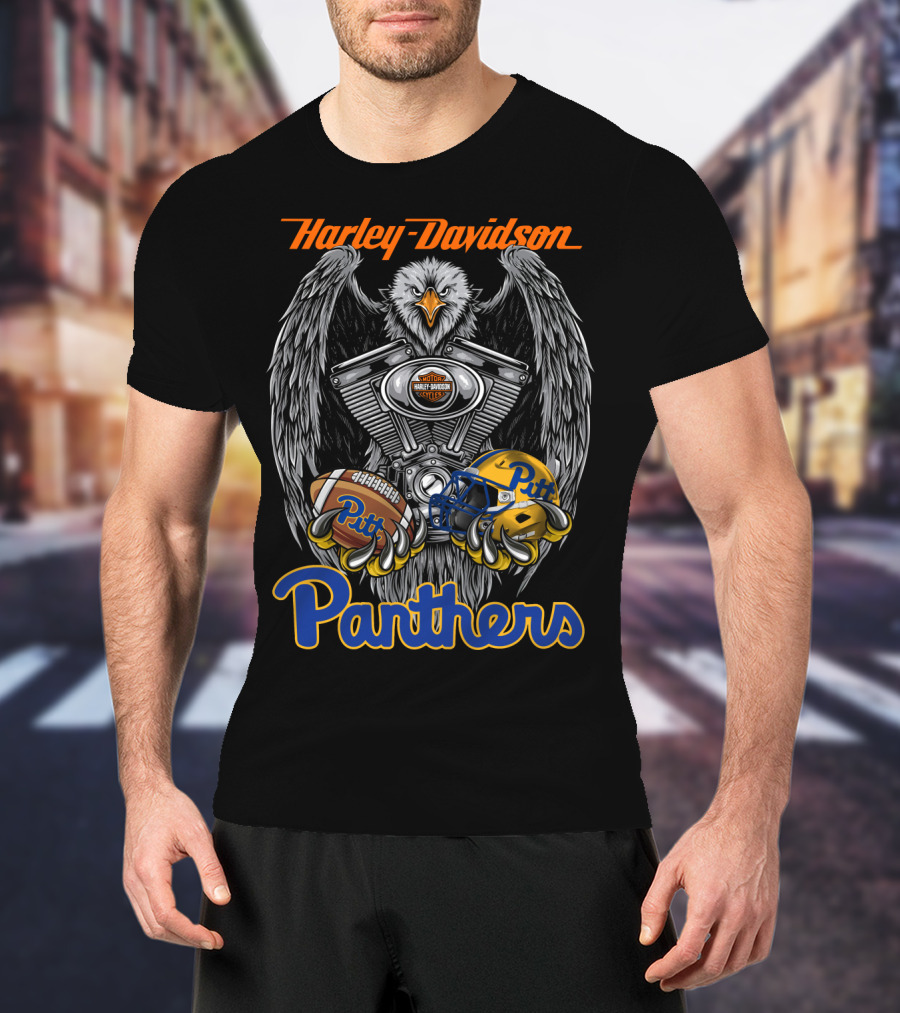 Harley Davidson Panthers Pitt Football Helmet And Eagle Engine Art T-Shirt