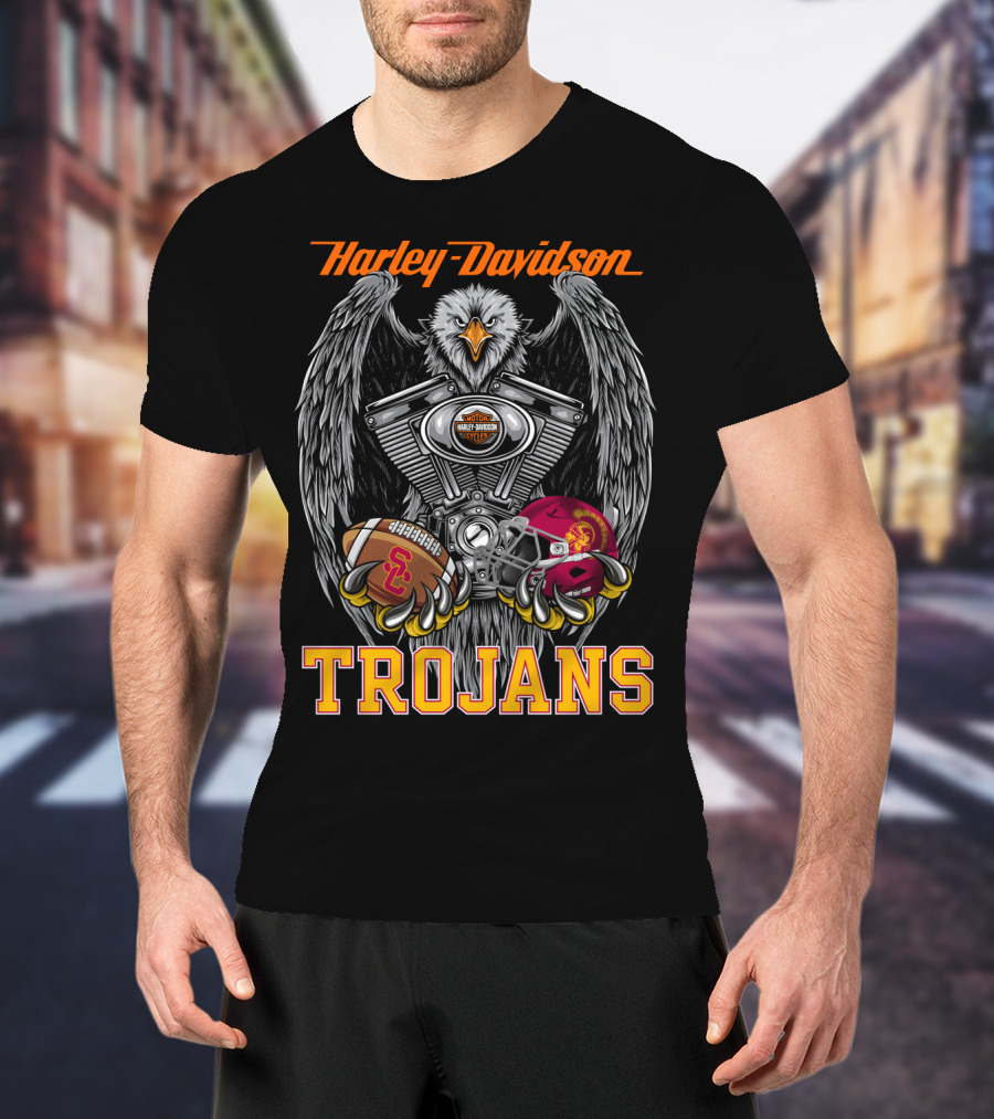Harley Davidson Trojans Usc Football Helmet And Engine T-Shirt