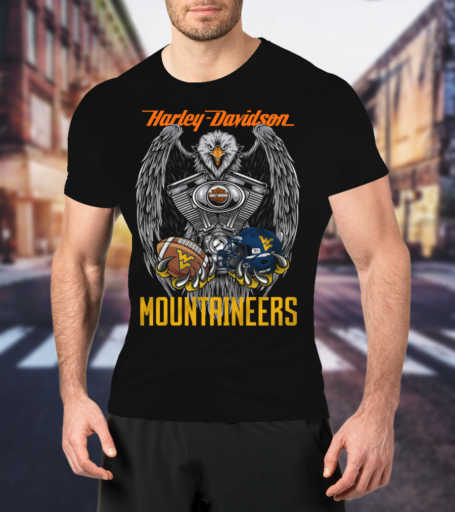 Harley Davidson Mountaineers Wv Football Helmet And Engine Eagle T-Shirt