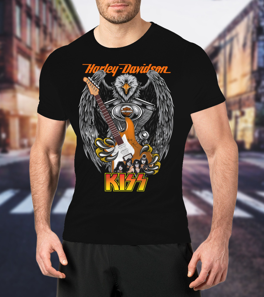 Harley Davidson Motor Cycles Kiss Band Eagle Guitar T-Shirt