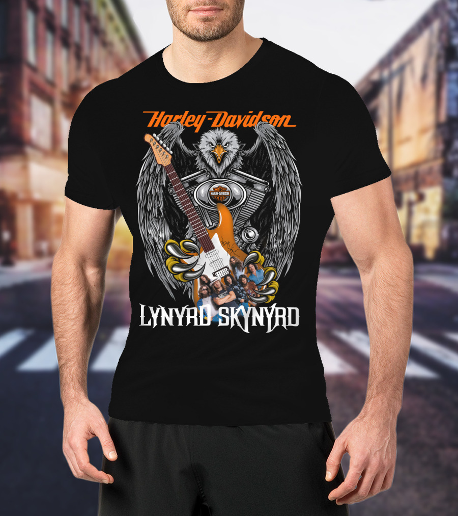 Harley Davidson Eagle V-Twin Engine Lynyrd Skynyrd Band Guitar T-Shirt
