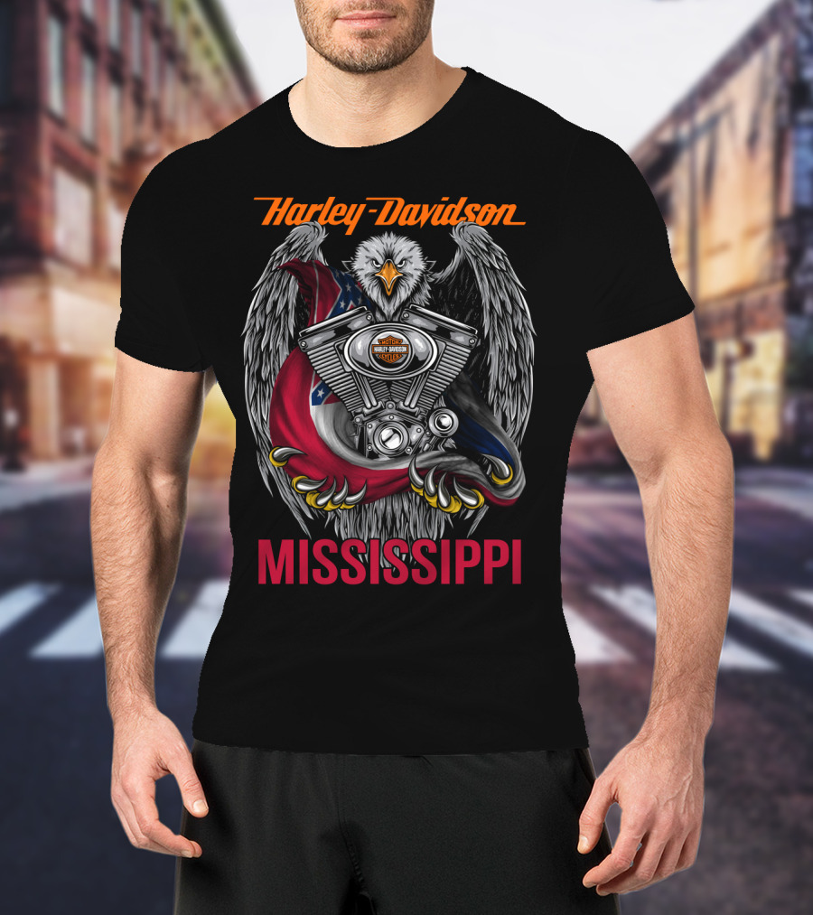 Harley Davidson Mississippi Eagle With Engine And Flag Symbol T-Shirt