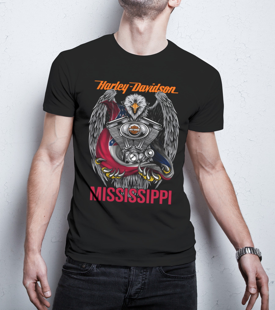 Harley Davidson Mississippi Eagle With Engine And Flag Symbol T-Shirt