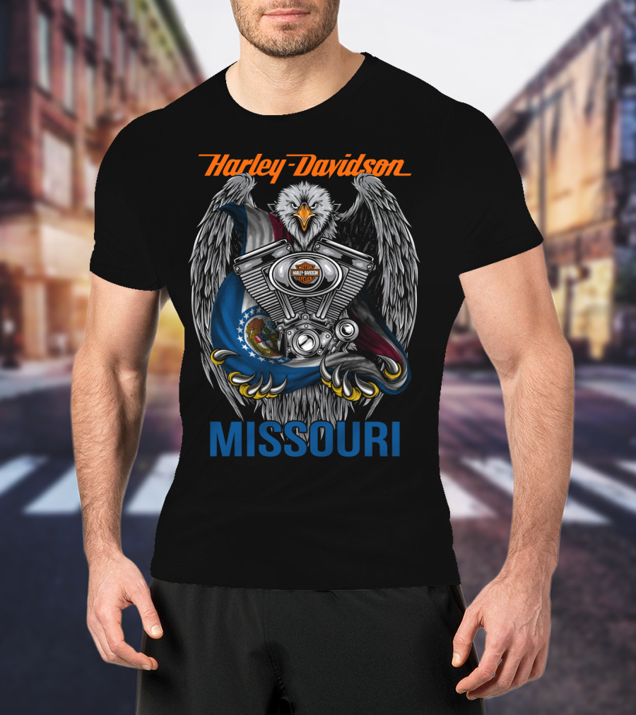Harley Davidson Missouri Eagle Emblem With Engine And Flag Motif T-Shirt