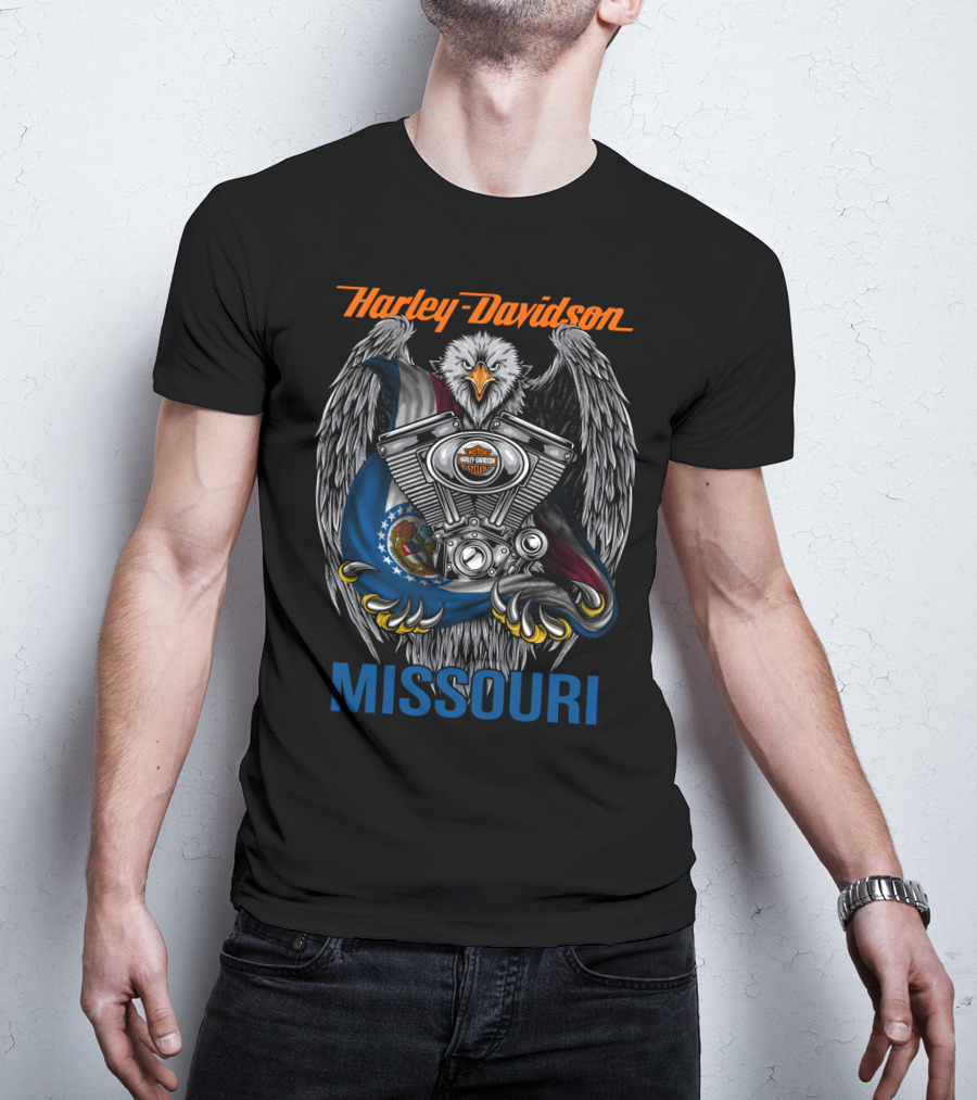 Harley Davidson Missouri Eagle Emblem With Engine And Flag Motif T-Shirt