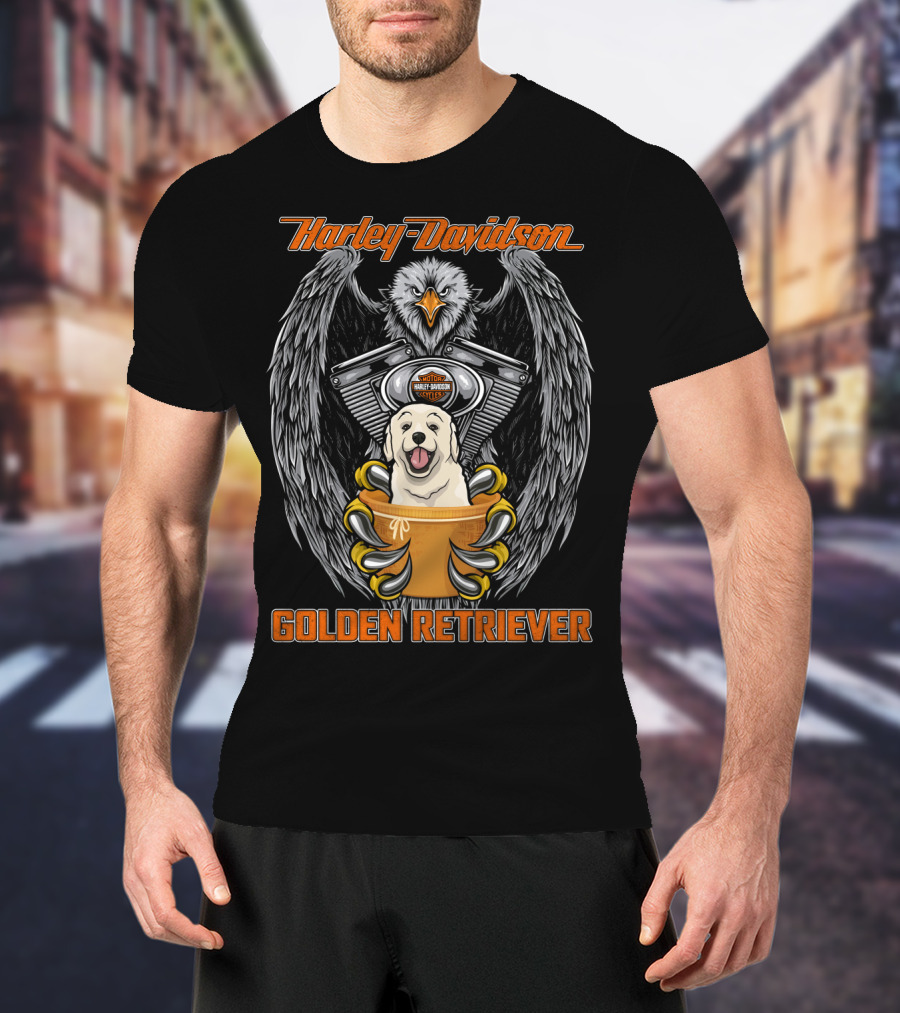 Harley Davidson Eagle Engine Golden Retriever T-Shirt