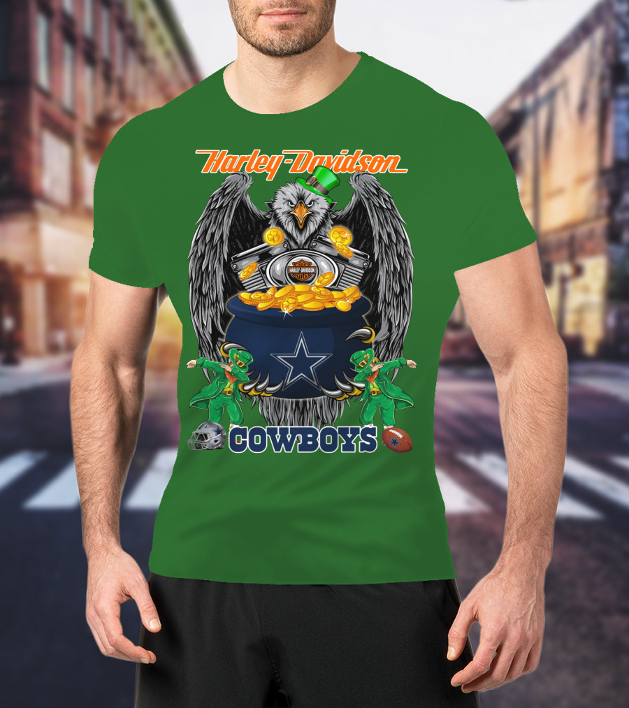 Harley Davidson Nfl Dallas Cowboys Eagle With Leprechauns And Pot Of Gold T-Shirt