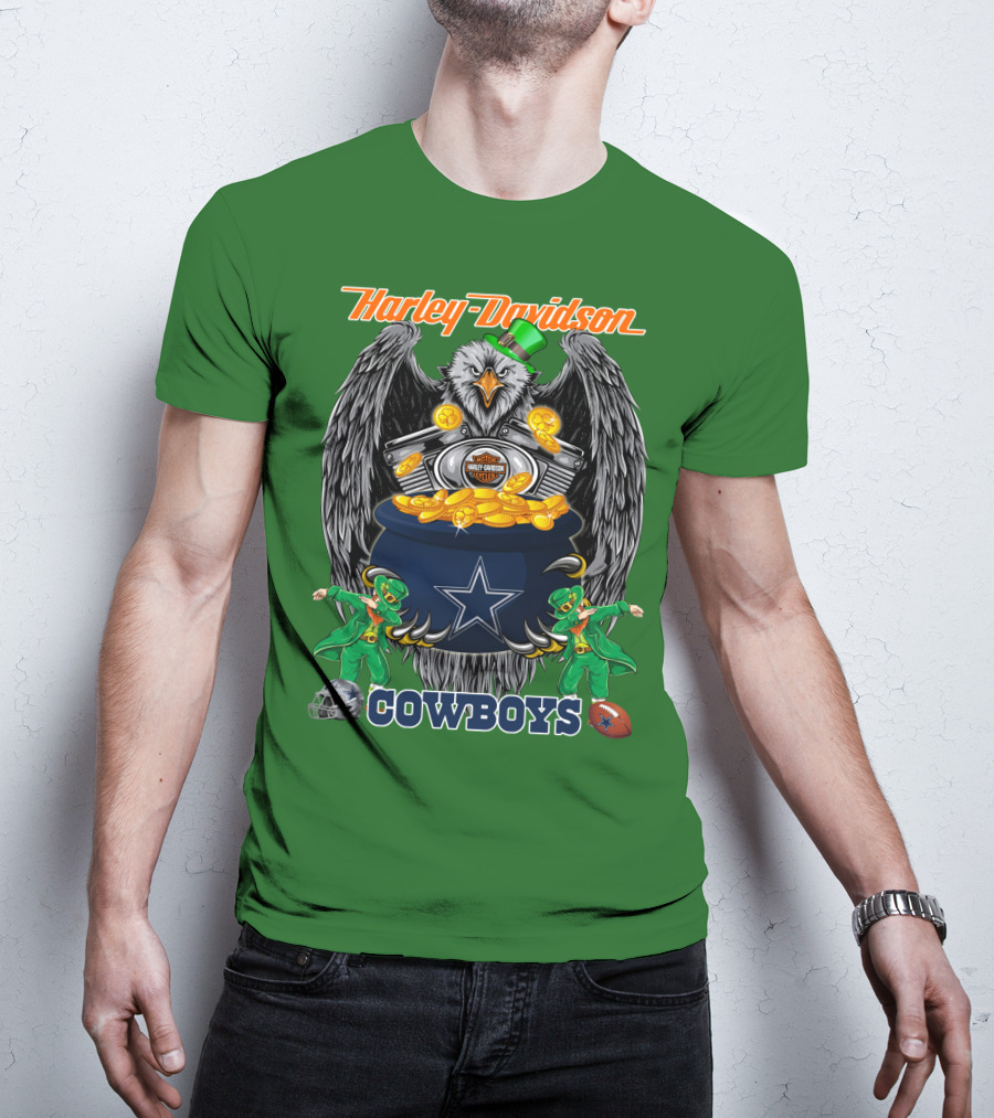 Harley Davidson Nfl Dallas Cowboys Eagle With Leprechauns And Pot Of Gold T-Shirt