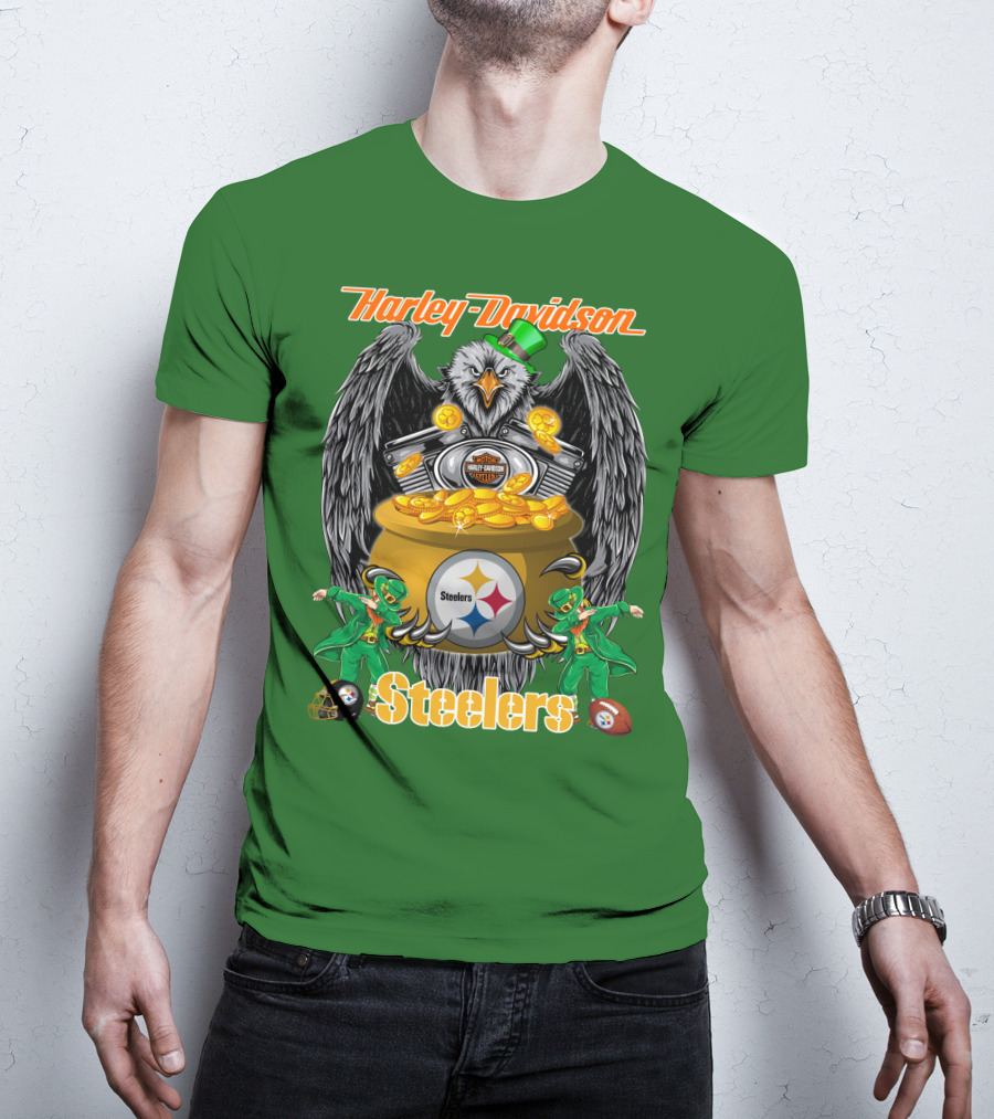 Harley Davidson Steelers Eagle Leprechaun Gold Nfl Pittsburgh T-Shirt