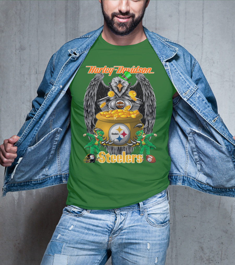 Harley Davidson Steelers Eagle Leprechaun Gold Nfl Pittsburgh T-Shirt
