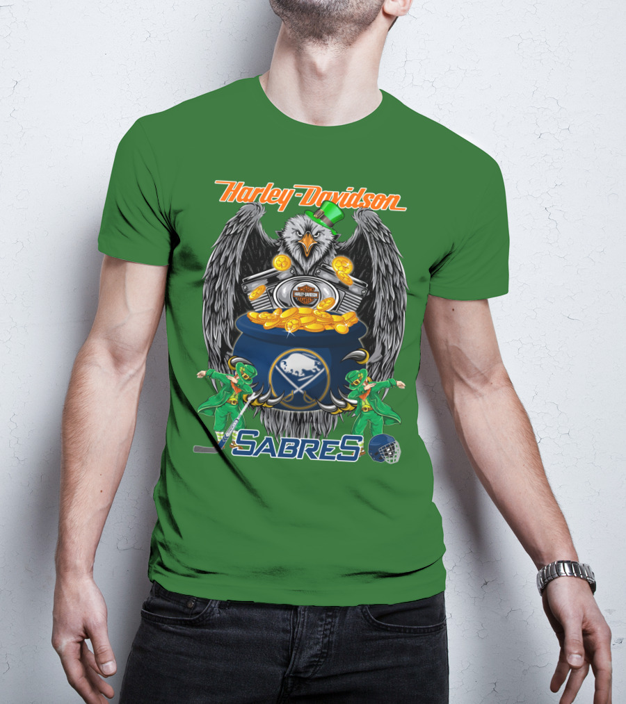 Harley Davidson Sabres Nhl Buffalo St. Patrick's Day Eagle And Pot Of Gold T-Shirt