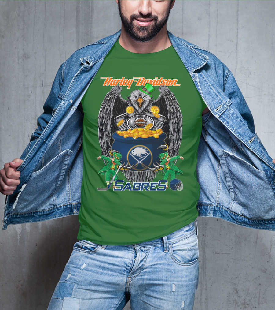 Harley Davidson Sabres Nhl Buffalo St. Patrick's Day Eagle And Pot Of Gold T-Shirt