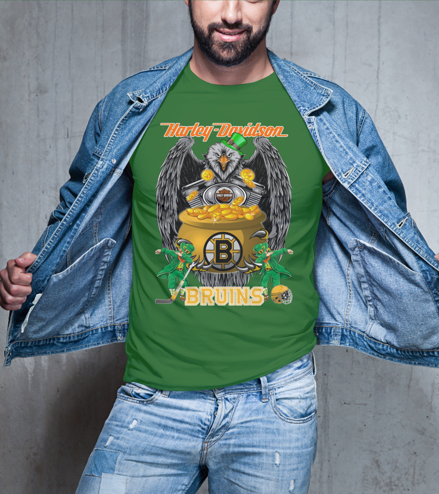 Harley Davidson Bruins St. Patrick's Day Coin Pot Hockey T-Shirt