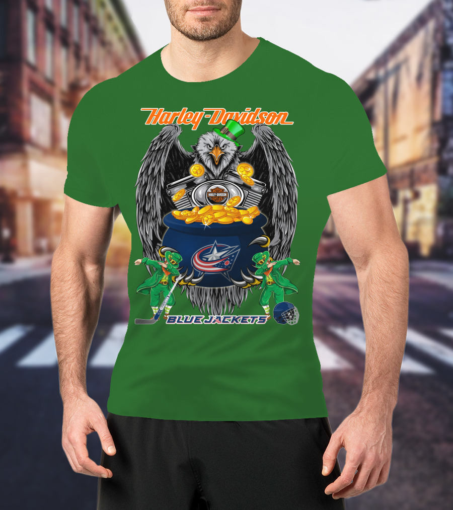 Harley Davidson Columbus Blue Jackets Nhl Eagle Leprechaun Gold Coins Green Hat T-Shirt