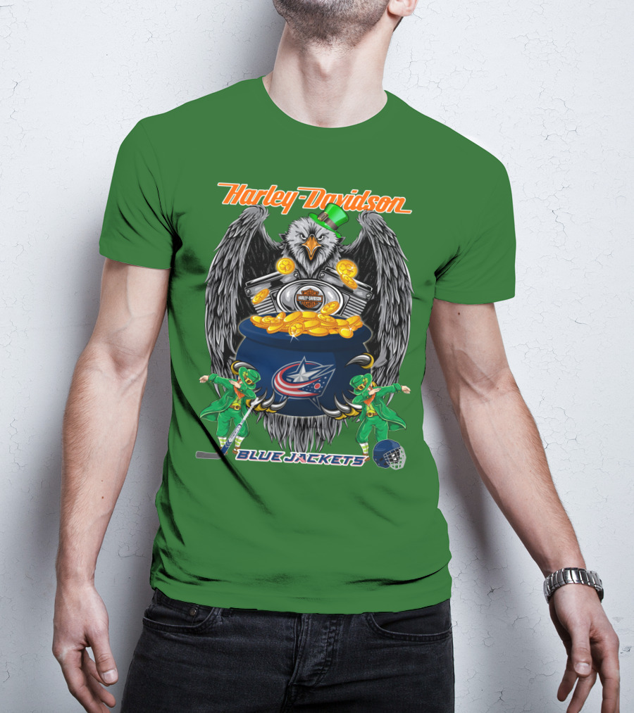 Harley Davidson Columbus Blue Jackets Nhl Eagle Leprechaun Gold Coins Green Hat T-Shirt