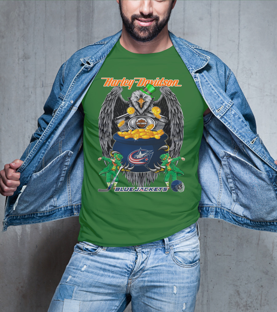 Harley Davidson Columbus Blue Jackets Nhl Eagle Leprechaun Gold Coins Green Hat T-Shirt
