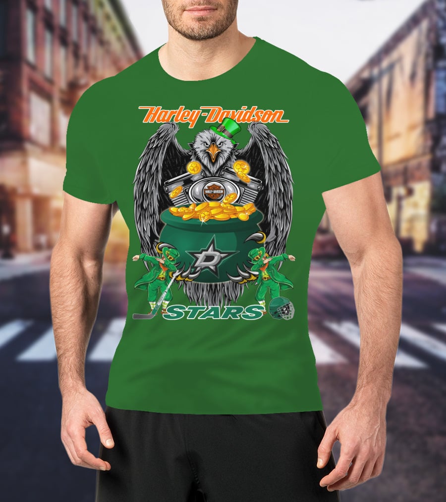 Harley Davidson Dallas Stars Nhl Eagle With Leprechauns And Hockey Gear T-Shirt