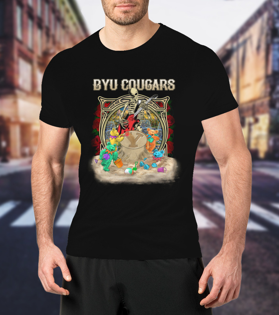 Byu Cougars Grateful Dead Skeleton Teddy Bears Roses T-Shirt