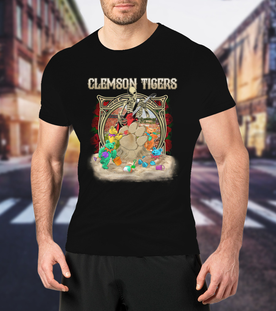 Clemson Tigers Grateful Dead Skeleton Bears Sandcastle Roses T-Shirt