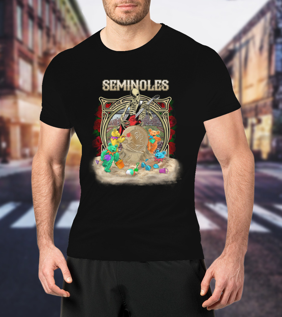 Seminoles Skeleton With Guitar And Teddy Bears At Sandcastle Scene T-Shirt