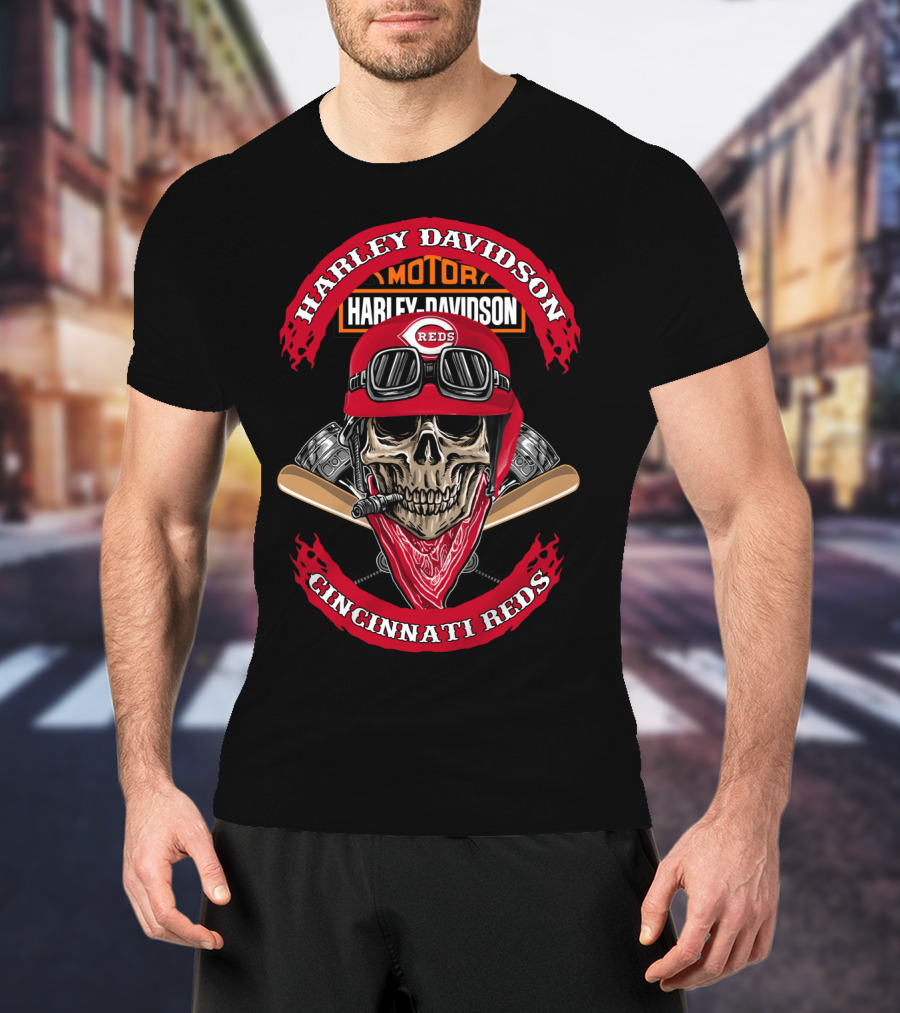 Harley Davidson Cincinnati Reds Skull Helmet Motor T-Shirt