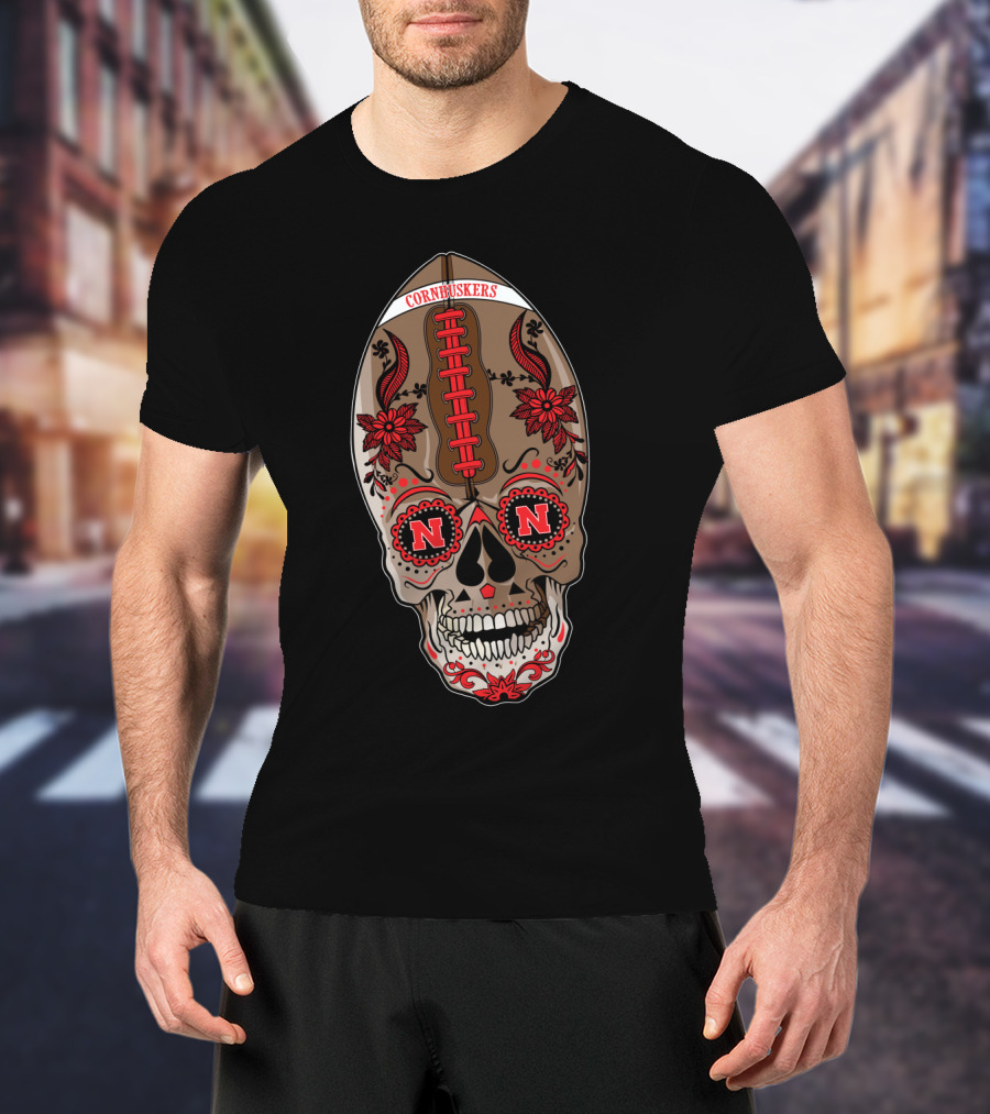 Cornhuskers Skull Football Floral N N T-Shirt