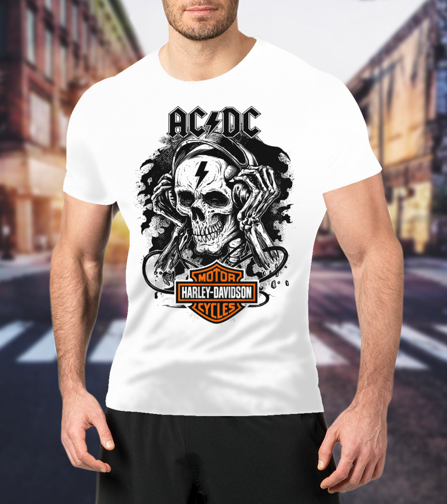 Acdc Harley Davidson Skull With Headphones T-Shirt