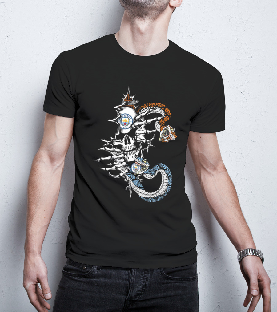 Mc Manchester City Skull With Orange And Blue Snakes T-Shirt