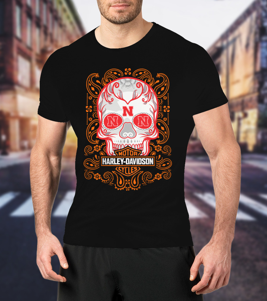 Harley Davidson Motorcycles Nebraska Ncaa Skull T-Shirt