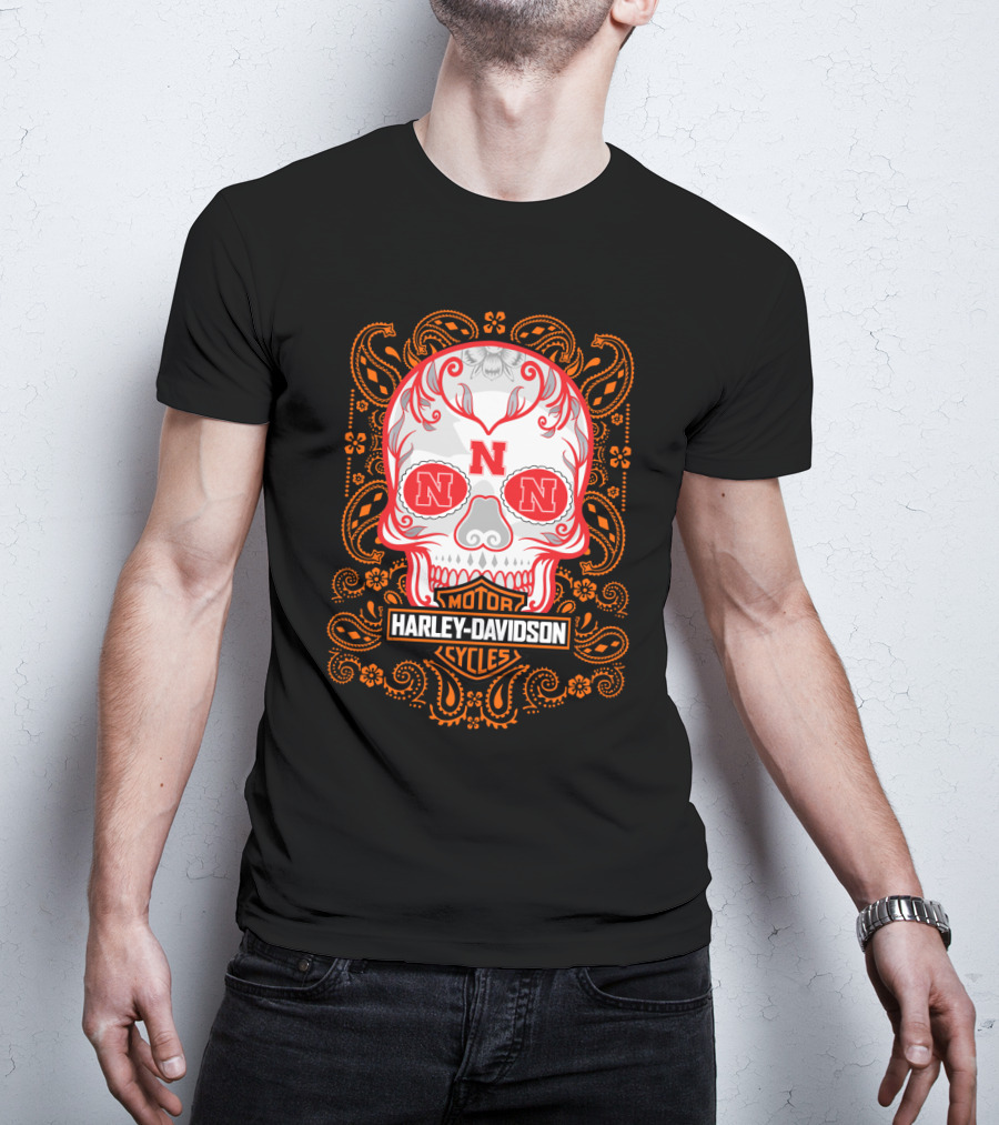 Harley Davidson Motorcycles Nebraska Ncaa Skull T-Shirt