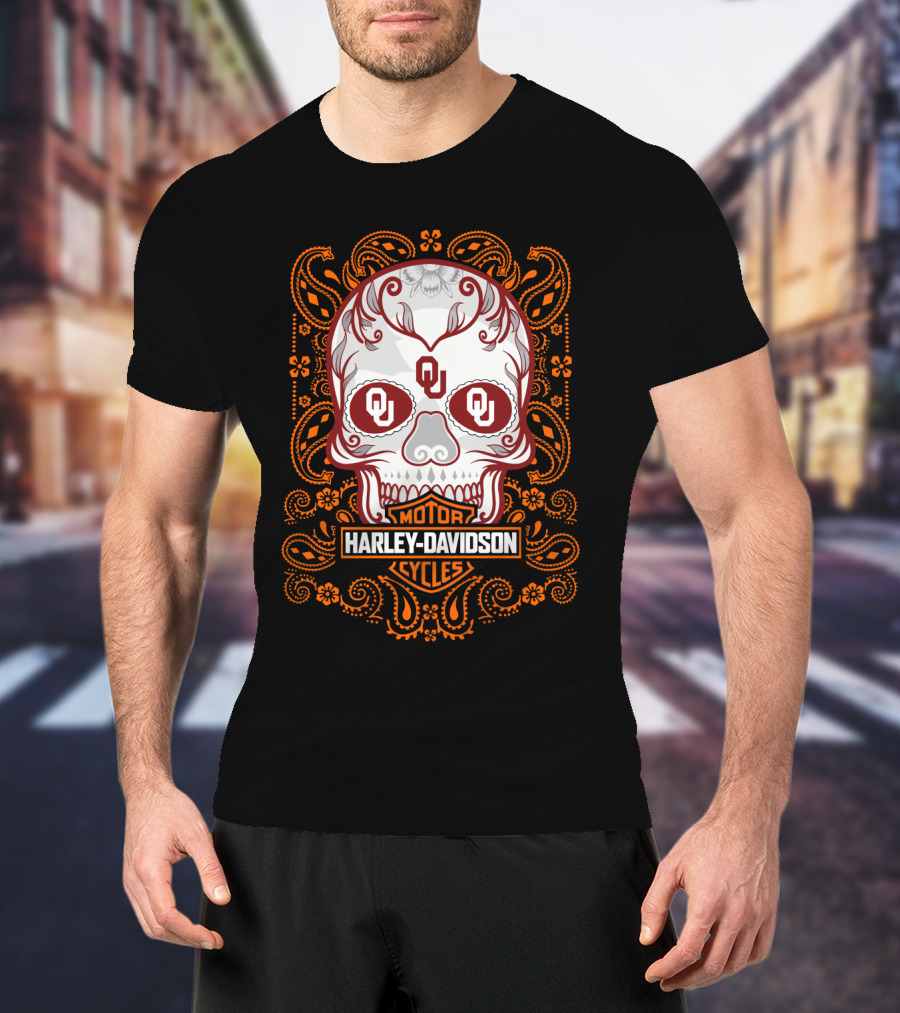Harley Davidson Ou Skull Design With Paisley Accents T-Shirt