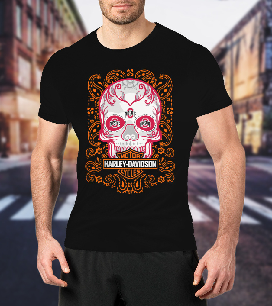 Ohio State Harley Davidson Skull Motor Cycles T-Shirt