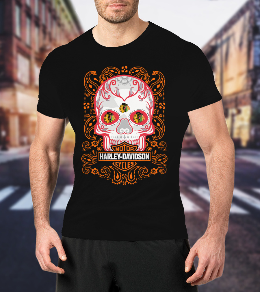 Harley Davidson Motor Cycles Nhl Chicago Blackhawks Skull Design 102 T-Shirt