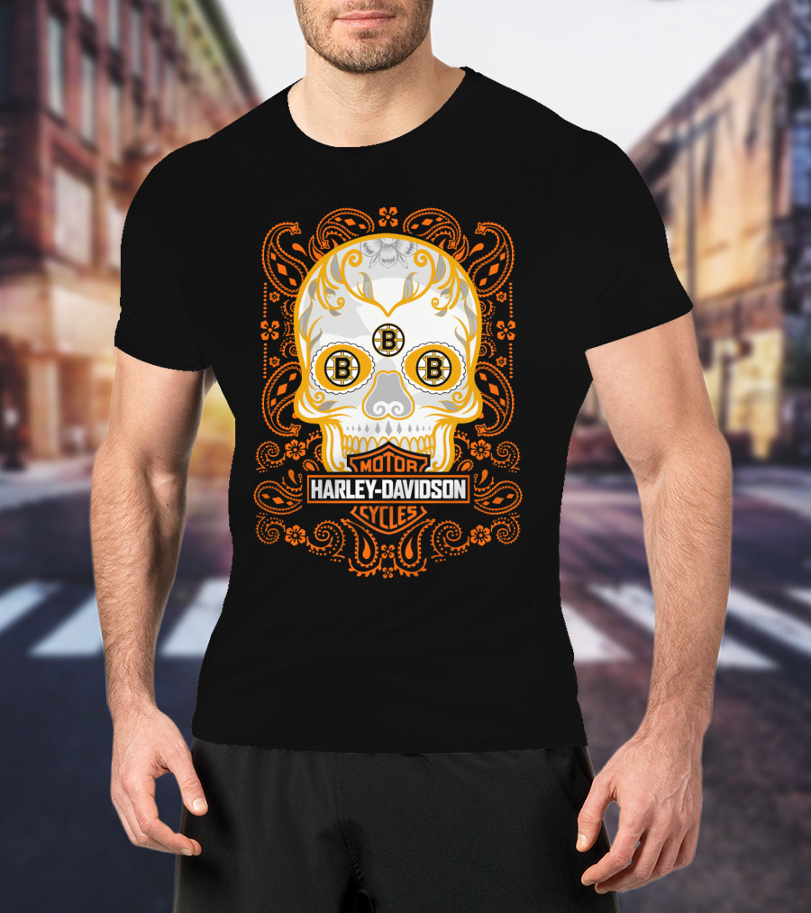 Harley Davidson Motor Cycles Boston Bruins Nhl Sugar Skull T-Shirt
