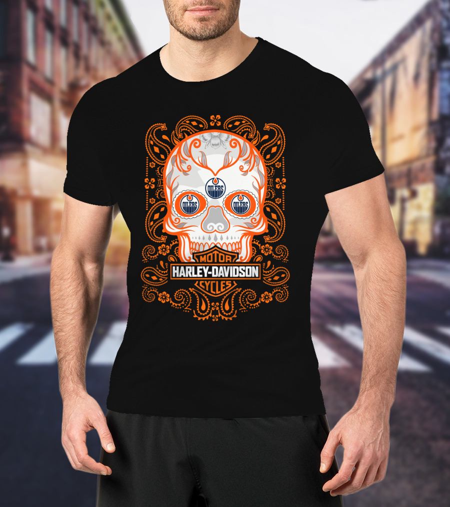 Harley Davidson Motor Cycles Oilers Nhl Skull T-Shirt