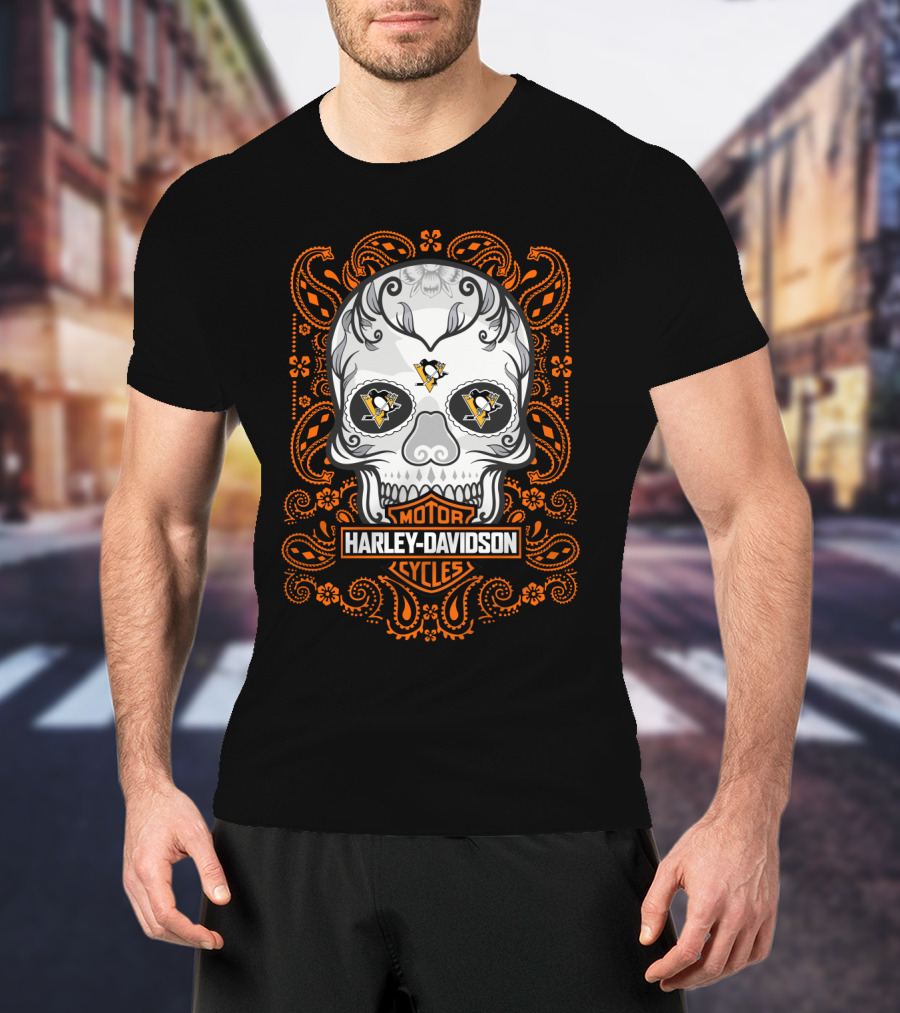 Harley Davidson Motor Cycles Skull Nhl Penguins T-Shirt